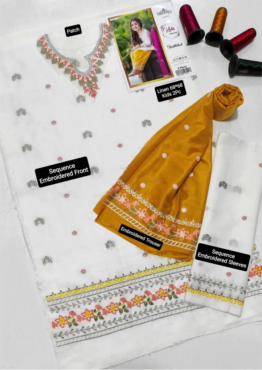  Standard Size - Girls Linen Embroidered 2-Piece Suit White