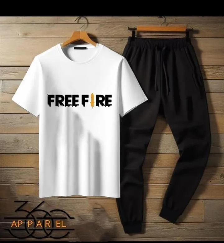 Men Cotton Track Suit White Black Free Fire Print Medium to XL