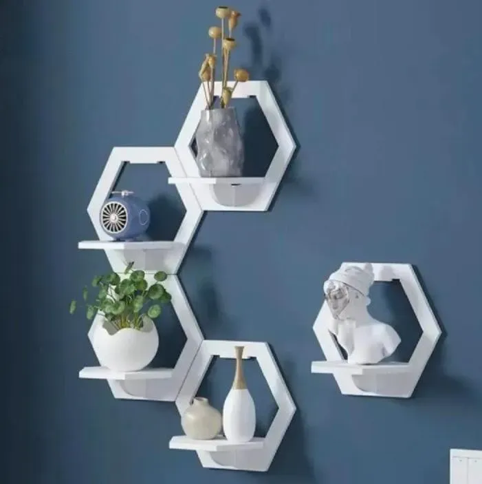 White Hexagon Wall Shelves Set Modern Floating Decor