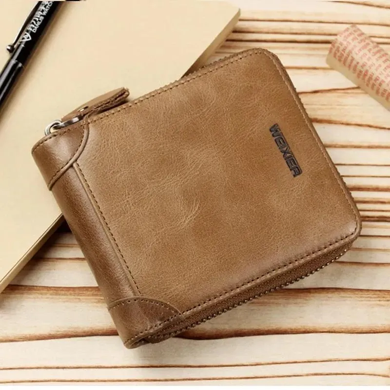 Men's Leather Bifold Wallet Zipper Black Brown Slim