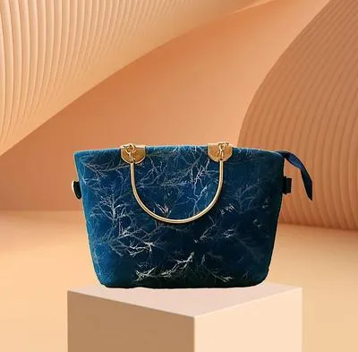 Girls Velvet Printed Handbag Blue 10x5x8