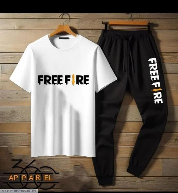 Men Cotton Track Suit White Black Free Fire Print Medium to XL